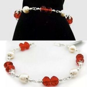 Genuine Sterling Silver Pearl/RedCrystal Bracelet